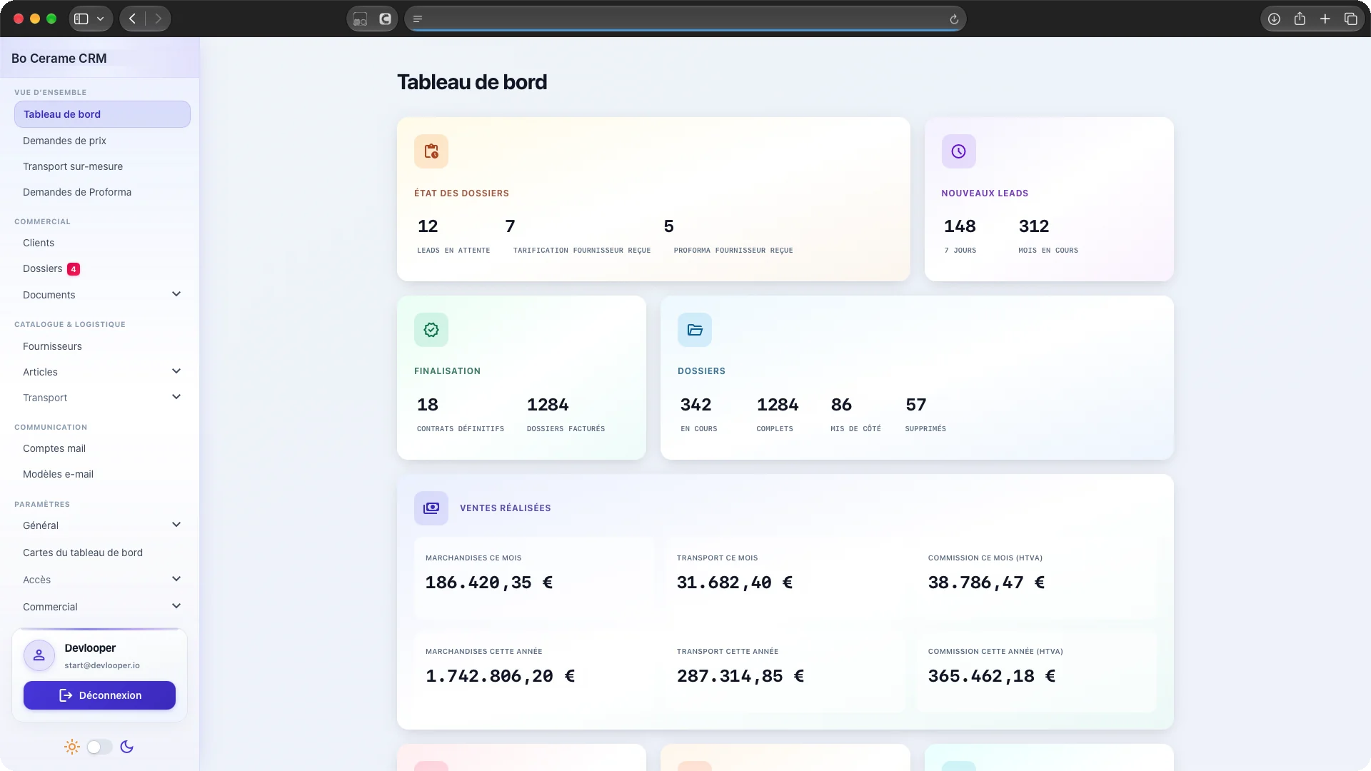 Tableau de bord du CRM en thème clair : état des dossiers, nouveaux leads, finalisation, ventes réalisées